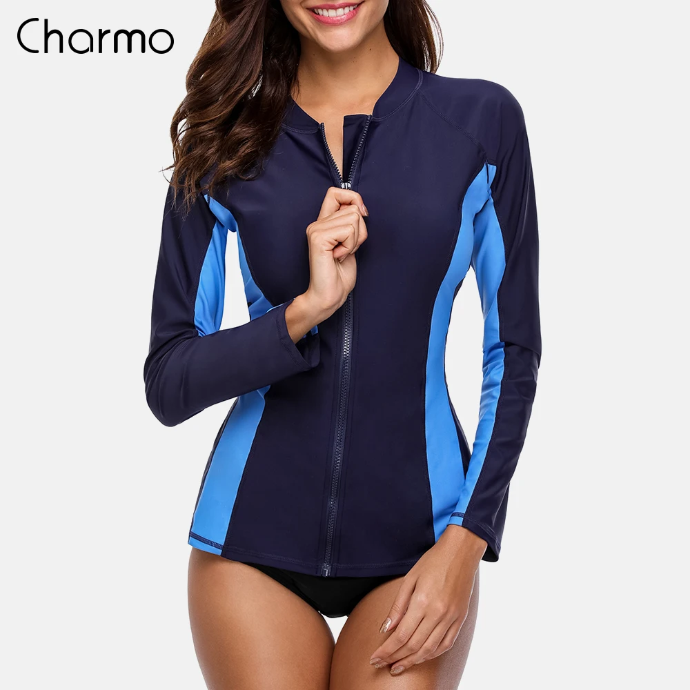 Charmo Women Long Sleeve Zipper Rashguard Swimsuit Surfing Top Rash Guard Zipper UPF50+ Running Shirt Biking Shirt Swimwear