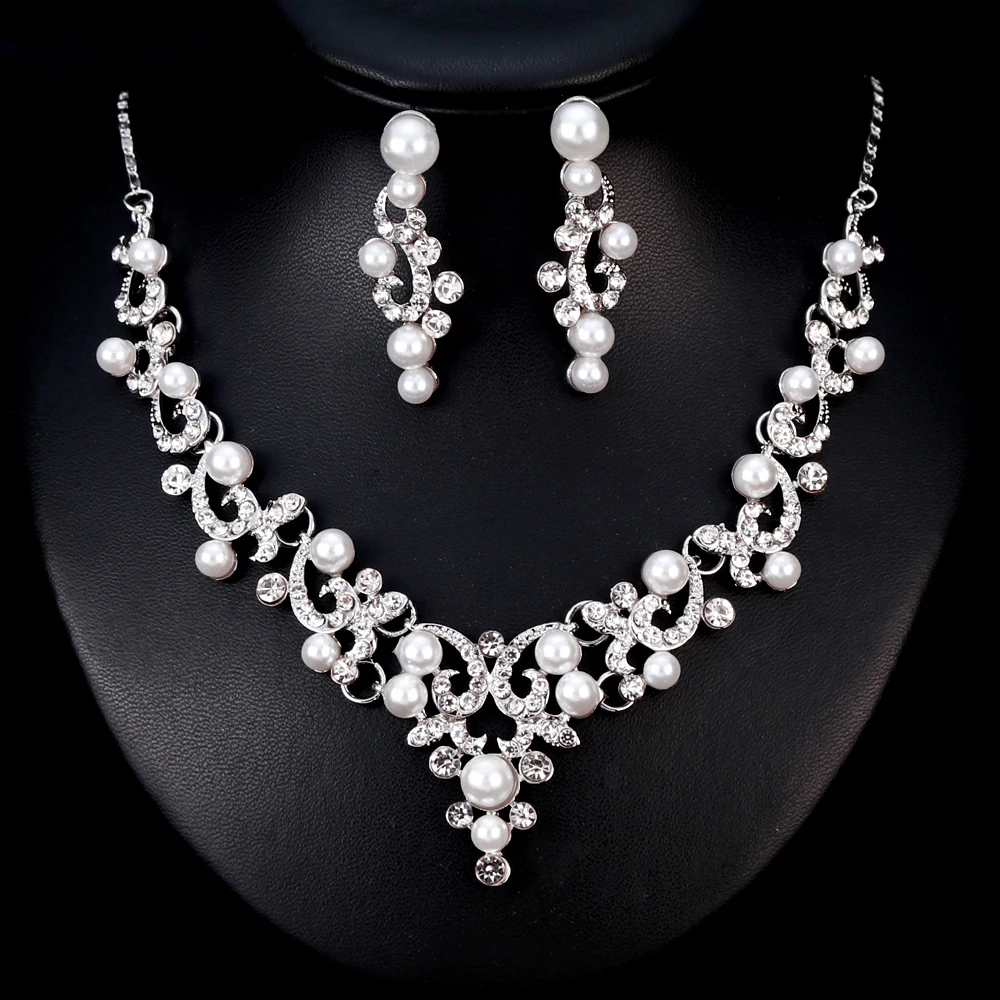 TREAZY Fashion Simulated Pearl Bridal Jewelry Sets Silver Color Crystal Floral Necklace Earrings Sets 2018 Wedding Jewelry Set