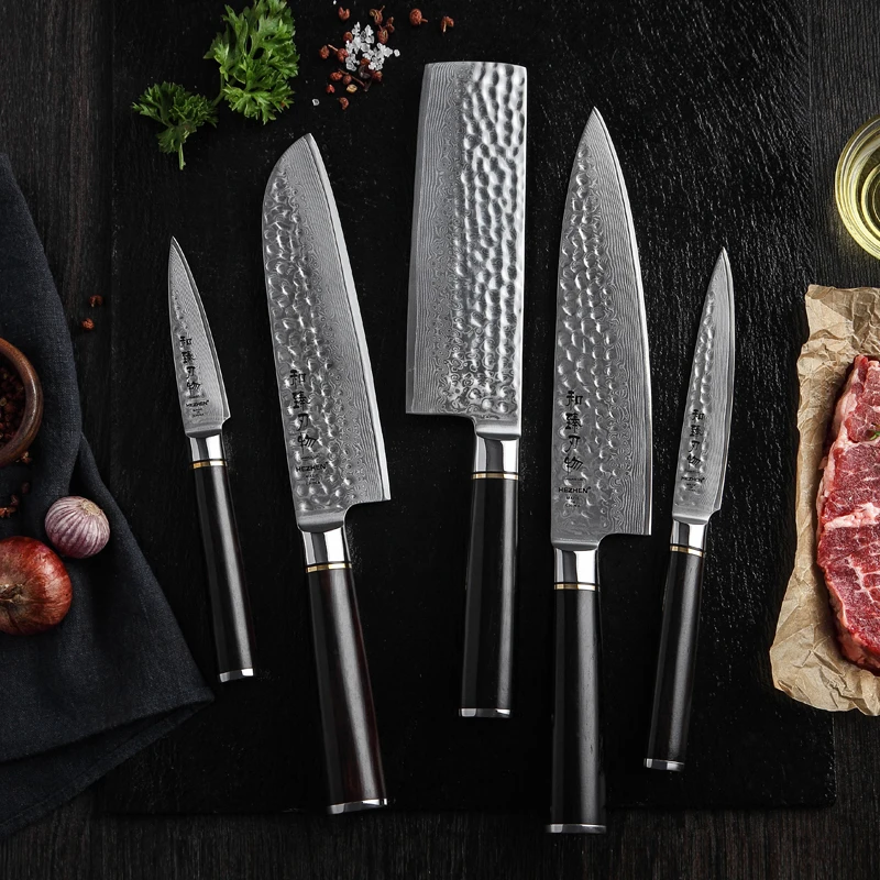 HEZHEN 1-5 PCS Kitchen Chef Knife Sets Damascus Steel Stainless Steel Chef Nakiri Santoku Utility Paring Cook Tools Ebony Handle