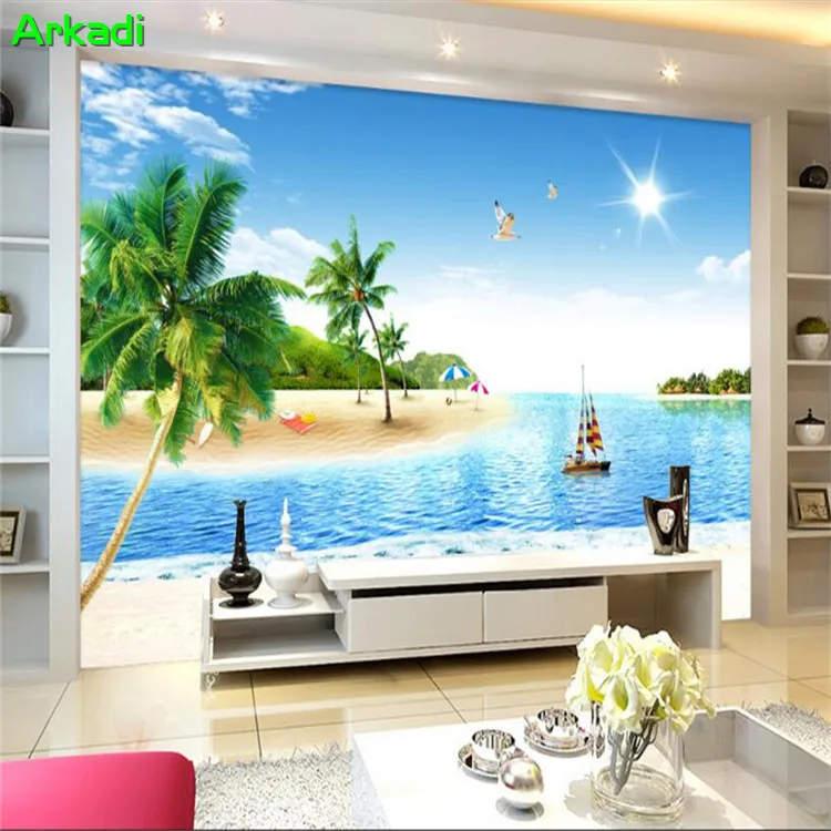 

Custom Mural Mediterranean Beach Coconut Sea Landscape Painting TV Background Wall Bedroom Wallpaper Wallcovering