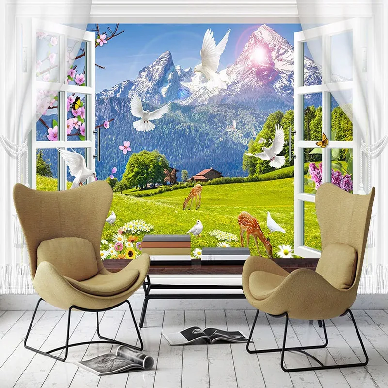 Custom Size Wallpaper 3D Window Snow Mountain Grassland Animal Landscape Photo Wall Murals Living Room TV Waterproof Stickers