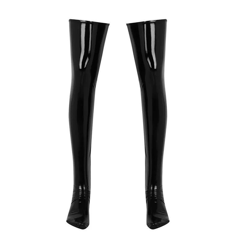 

1 Pair Mens Stockings Wetlook Patent Leather Thigh High Footed Stockings Anti-skid Soft Elasticity Clubwear Costume Cosplay