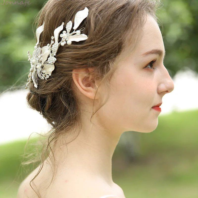 Jonnafe ใจกว้างเงินสี Leaf Barrette Rhinestone Headpiece ชุดเจ้าสาวแบบมีสายงานแต่งงานคลิปผมอุปกรณ์เสริม