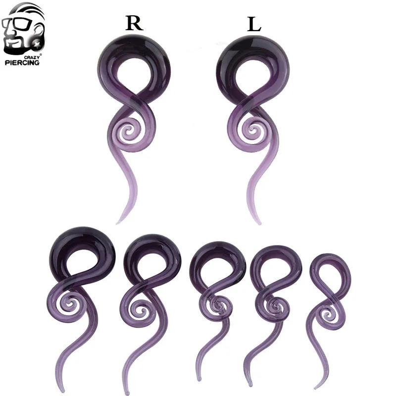 A Pair Purple Pyrex Glass Ear Spiral Taper Piercing Twist Tunnel Plugs Expander Jewelry Ear Gauges Weights Hanger 5mm-12mm