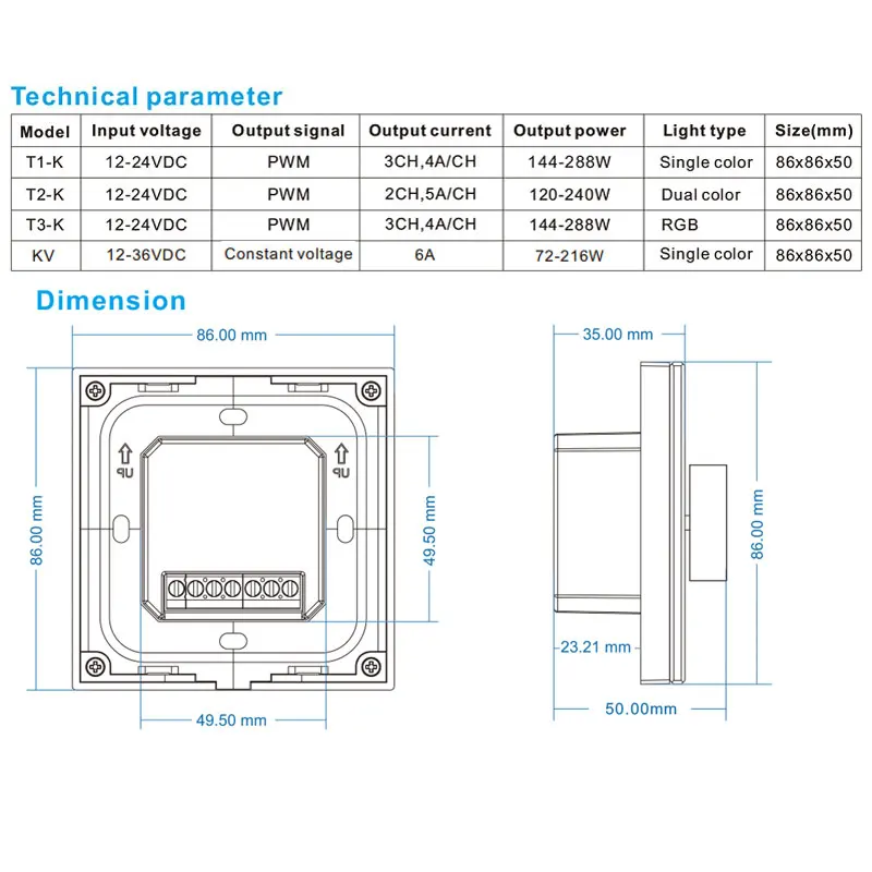 DC12v-24v Rotary Panel LED dimmer wall mounted Controller T1-K T2-K T3-K KV for single color/dual color/RGB/RGBW strip light