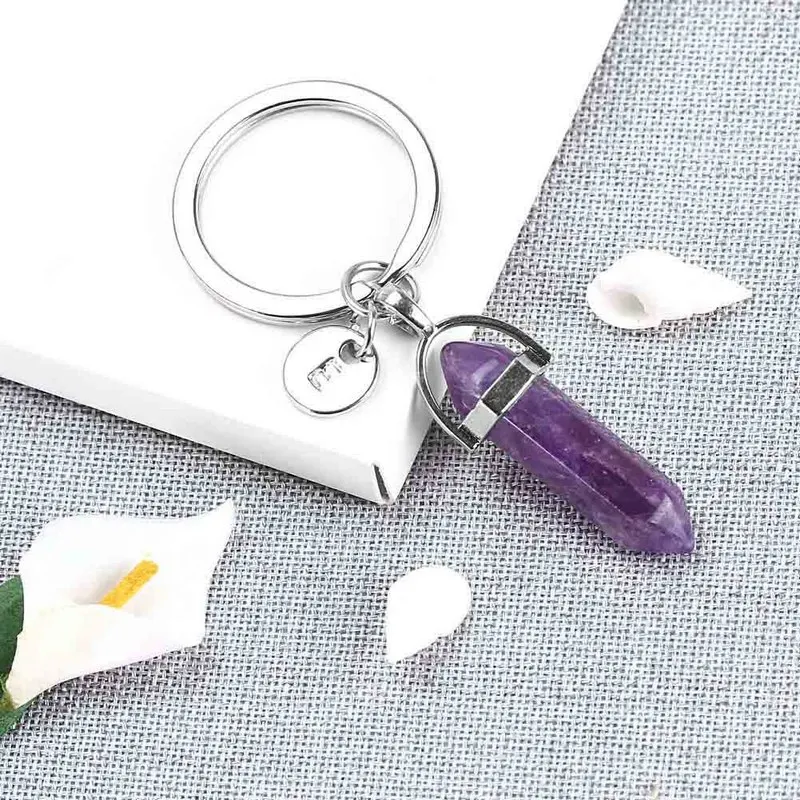 Natural Stone Pendant Keychain Natural Quartz Stone 26 letter Pink Crystal good luck Key Chains Accessories Jewelry Gift