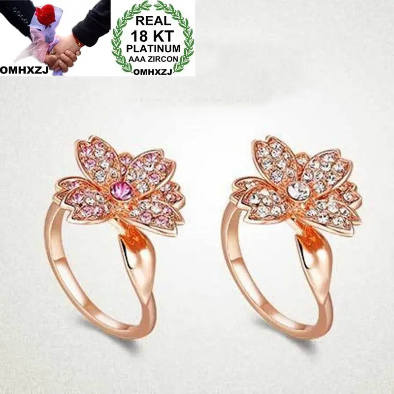 OMHXZJ Wholesale European Fashion Woman Girl Party Wedding Gift Flower White Pink AAA Zircon 18KT Rose Gold Ring RR581