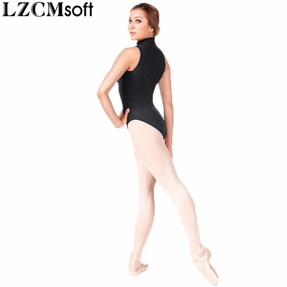 LZCMsoft Adult Nylon High Mock Neck Tank Leotard Women Stretchy Black Sleeveless Ballet Dance Bodysuits Casual Wear Back Zipper