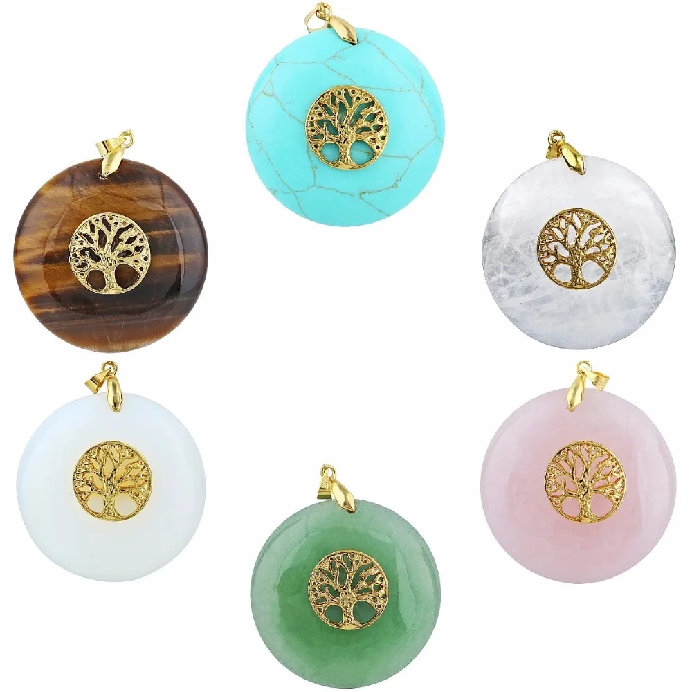 

TUMBEELLUWA Golden Life Tree Crystal Stone Pendant Reiki Healing Round Stones Charms Jewelry For Men Women