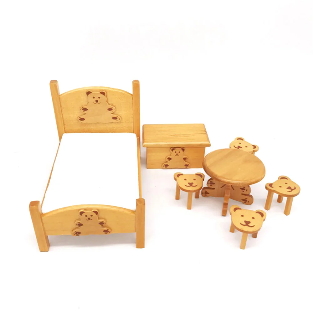 1/12 Dollhouse Miniature Accessories Mini Wooden Bed Table Stool Toy Box Set Simulation Furniture Toys for Doll House Decoration