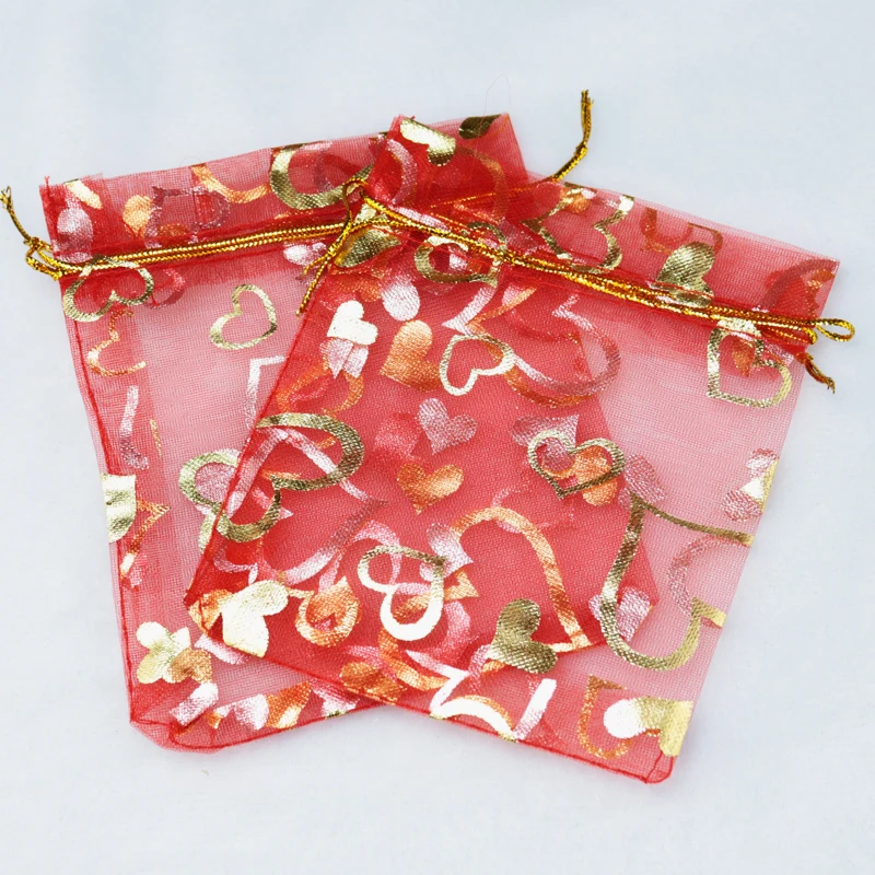 

100 шт 20*30 см красные сумки из органзы Золотое сердце свадьба пользу Drawstring Подарочная сумка органза Косметика ювелирные изделия упаковка Сумки и мешочки