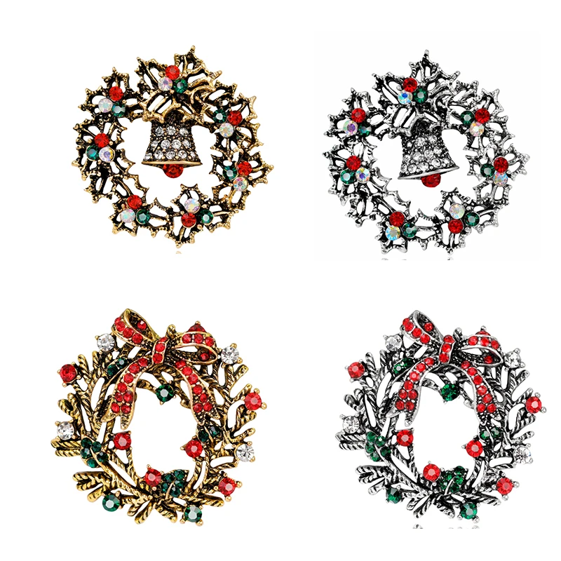 50/lot free shipping 2styles Zinc alloy bow/bell Christmas lucky wreath brooch pin dress decoration