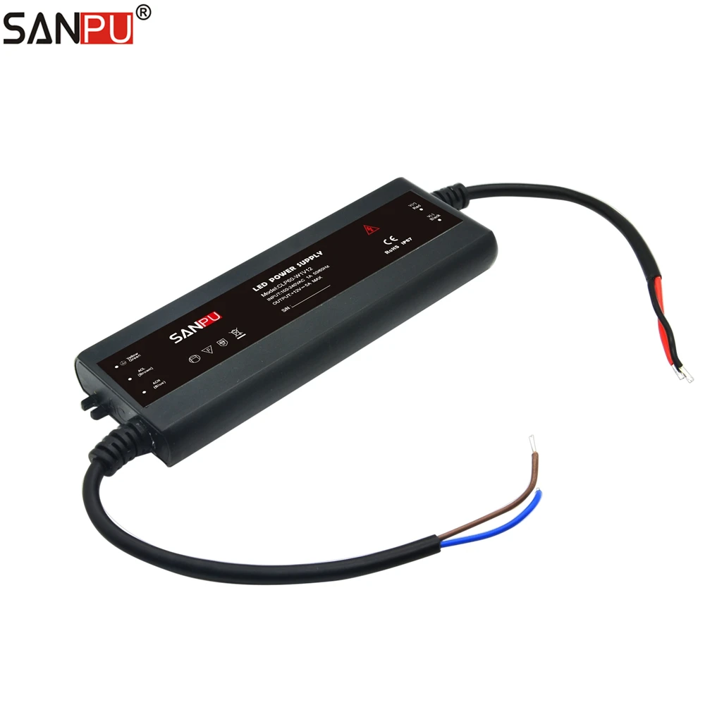 SANPU 12 Volt Slim Power Supply Unit IP67 Waterproof Plastic 60W 5 Amp Constant Voltage 12V LED Strip Driver AC-DC CLP60-W1V12