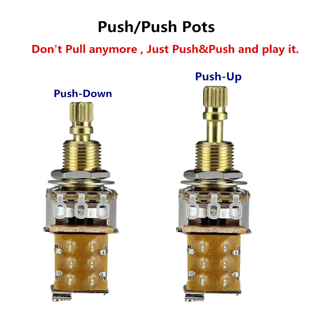 FLEOR 1 Stück Gitarren-Potentiometer Push-Push-Potentiometer A250K / B250K / A500K / B500K Kupfer Langer geteilter Schaft (kein Ziehen mehr möglich) – Detail 7