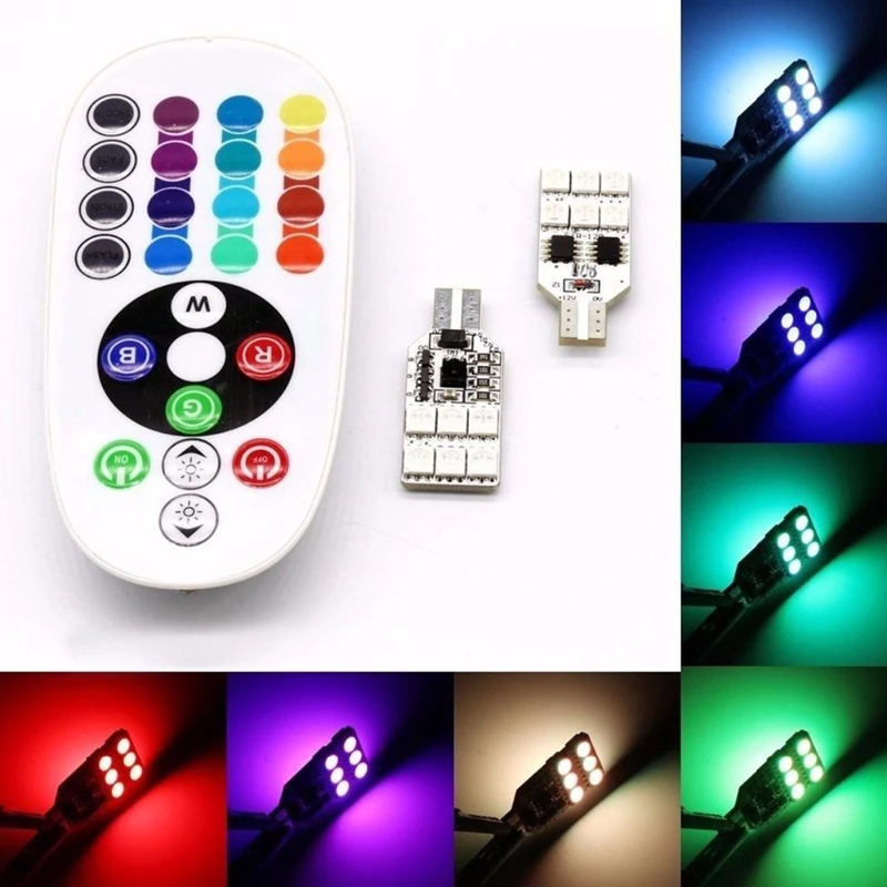 2x Remote Control T10 5050 12 LED RGB Car Wedge Dome Light Interior Reading Lamp Universal