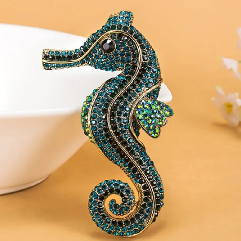 

12pcs/lot wholesale fashion Bow Seahorse Animal Brooch For Men Vintage Rhinestone Crystal Hats Accessories Hijab Pin