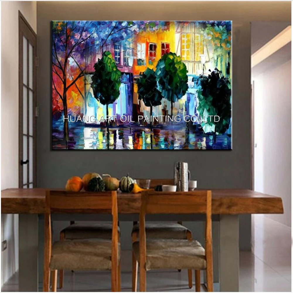 Hand Painted Modern Villa Knife Landscape Oil Painting on Canvas Street Tree Scenery Painting for Living Room Wall Decor Art