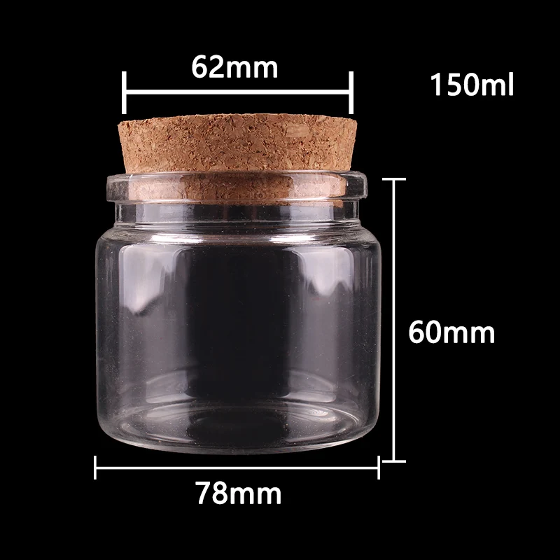 12pcs 78*60*62mm 150ml Transparent Glass Bottles with Cork Stopper Empty Spice Food Nuts Storage Bottles Jars Gift Crafts Vials