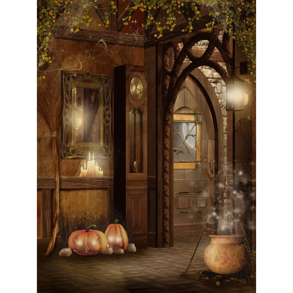 

Indoor Halloween Party Backdrop Printed Pumpkin Lanterns Broom Candles Yellow Flowers Retro Lantern Arch Door Photo Background