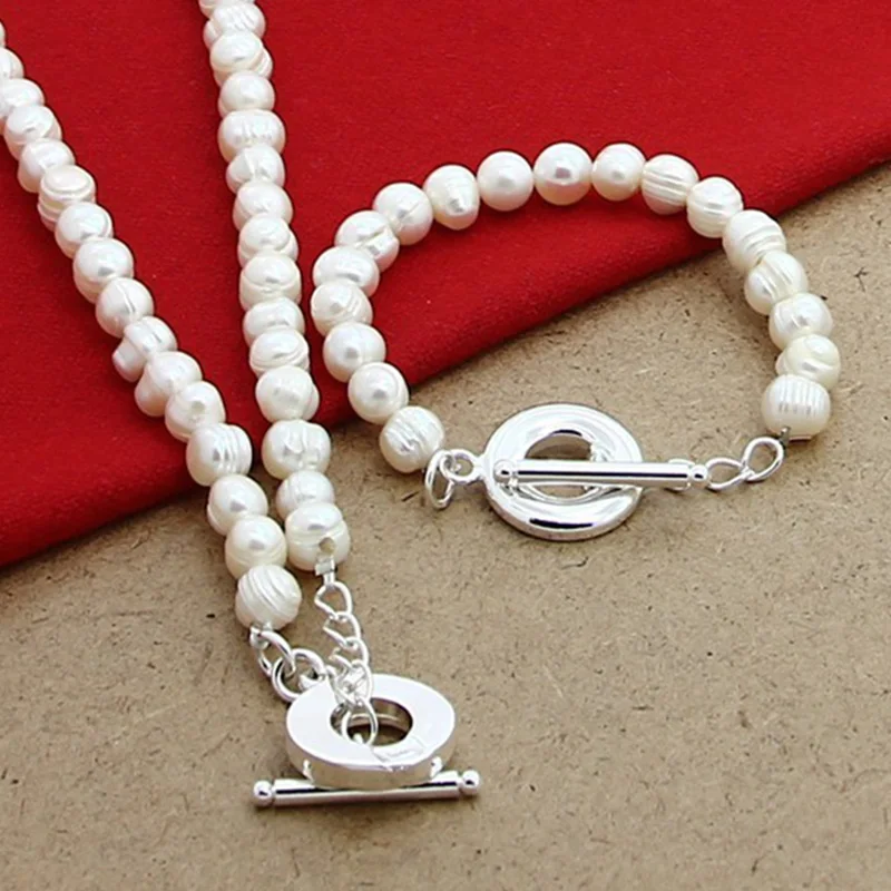 Simulated Pearl Jewelry Sets For Women Fashion 925 Silver Necklace Bracelet Wedding Jewelry