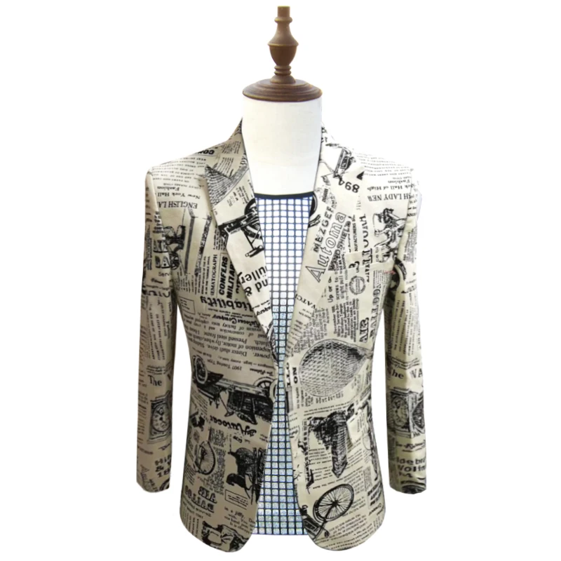 

Newspaper Print Blazer Slim Fit Prom Party Club Blazer Men Suit Jacket DJ Host Stage Wedding Designer Cotton Blazer Homme 5xl