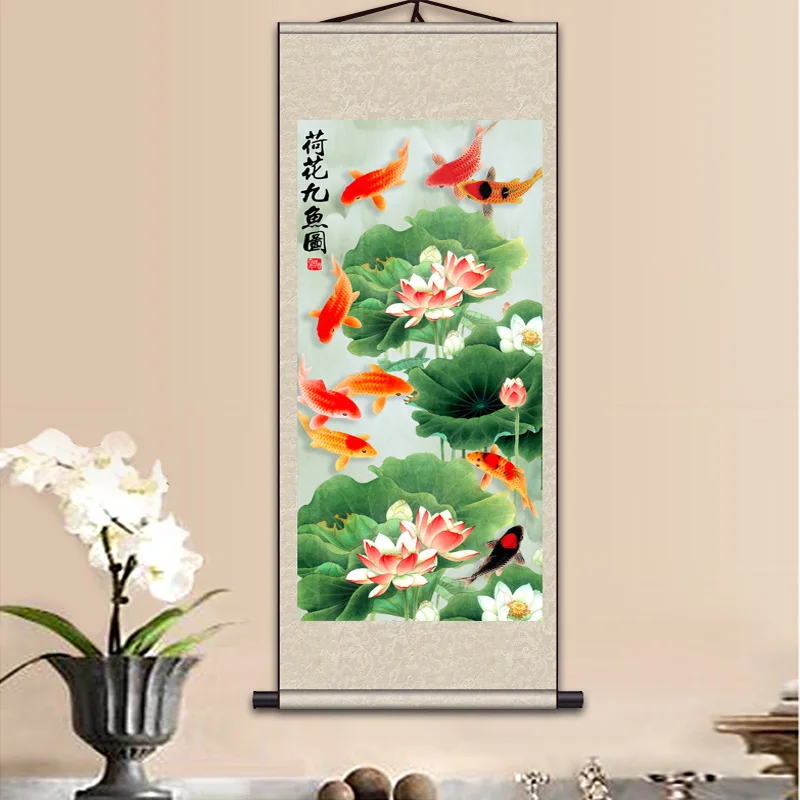 Silk painting gift / Lotus Nine fish Figure / Figure silk scroll painting lotus / Interior painting / Chinese Painting