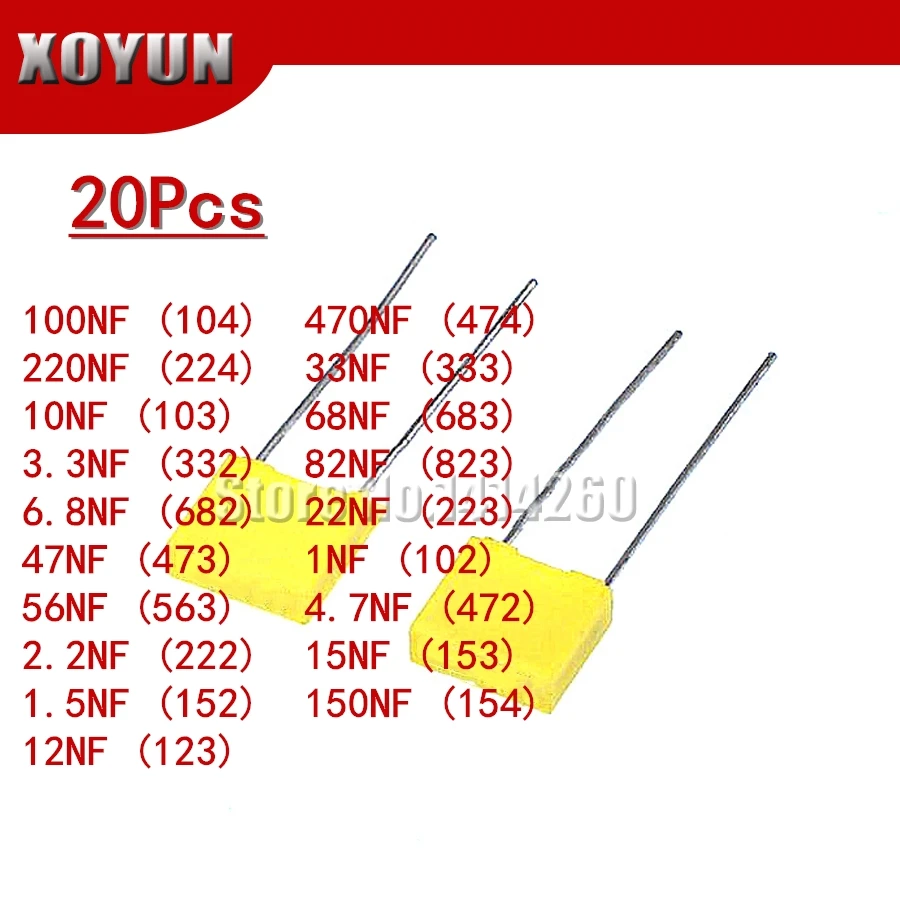 20pcs Polypropylene Safety Plastic Film  100V 1nF ~ 470nF 100nf 220nf 10nf 47nf 22nf 1nf 0.47uf 0.1uf Correction capacitor