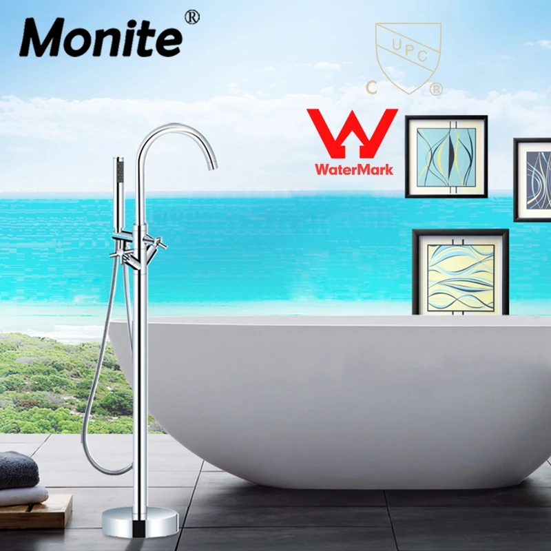 

Monite WELS AND CUPC Approval Floor Mounted Bathroom Tub Faucet Floor Standing Tub Filler W/ Hand Shower