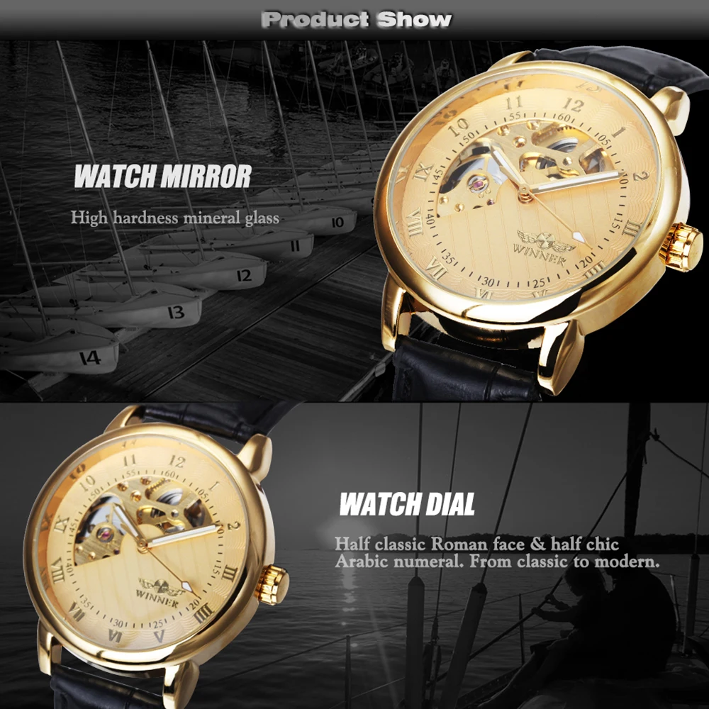Top Brand Luxury Gold Watch Men Mechanical Watches Fashion Skeleton Watch Leather Strap Mechanical Hand Wind Watch reloj