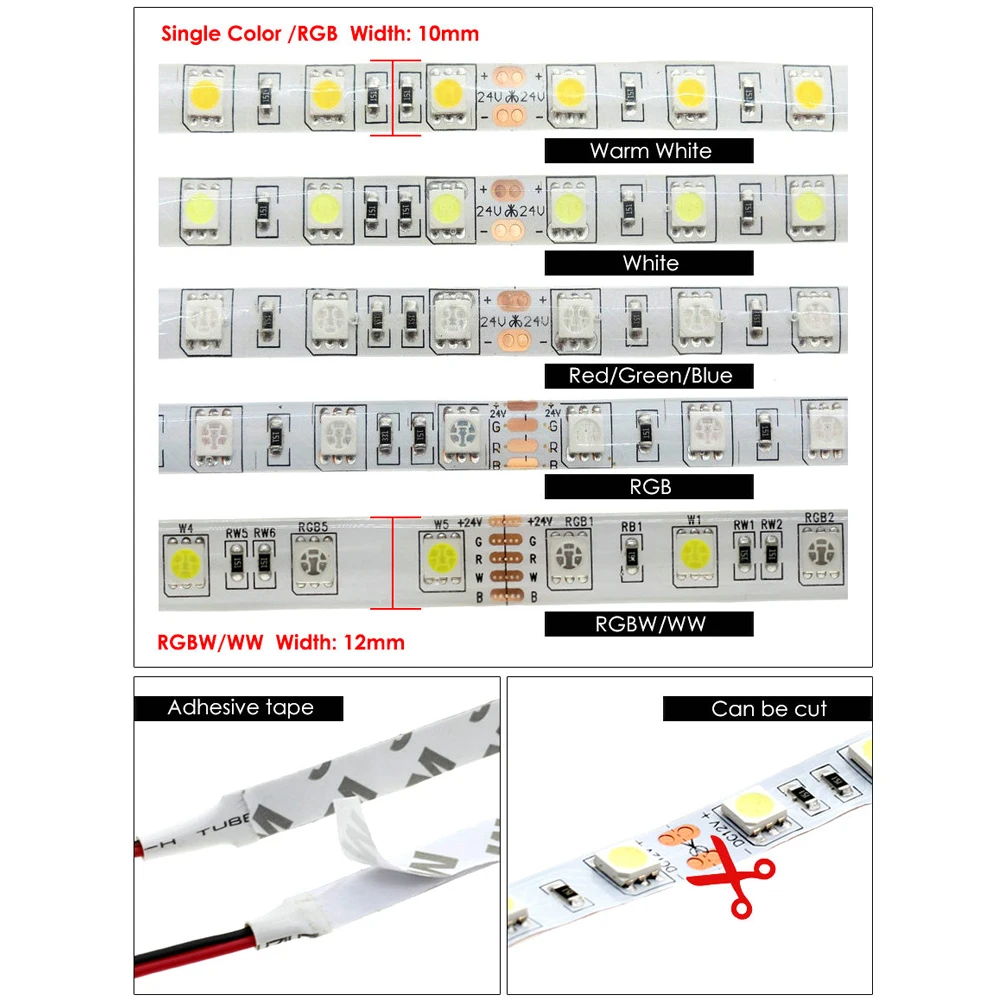 DC24V LED Strip 5050 Flexible LED Light RGB RGBW White Warm White Waterproof LED Strip 60LEDs/m 5m/lot.