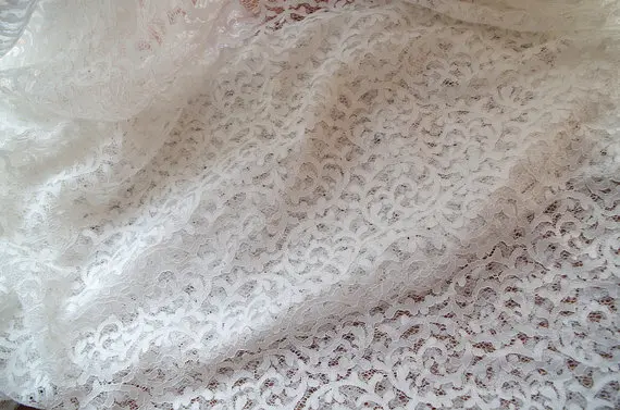 

3 yards ivory lace fabric with eyelash scalloped border, bridal lace fabric for wedding dress