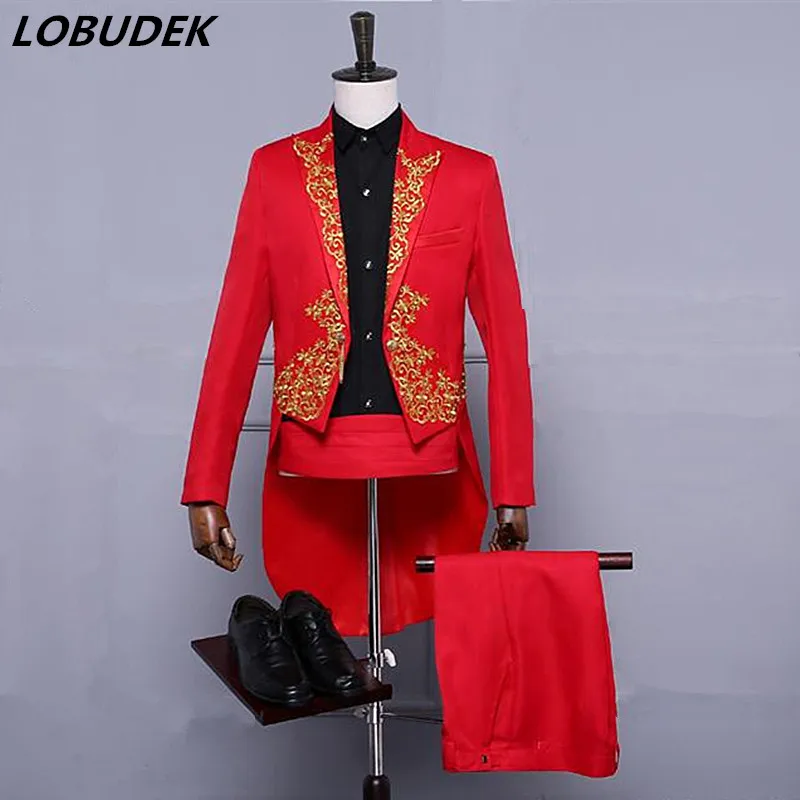 

(Jacket+Pants) Male Suit Men Singer Costume Embroidery Tuxedo Tailcoat Swallowtail Blazer Magician Host Prom Show Stage Wear