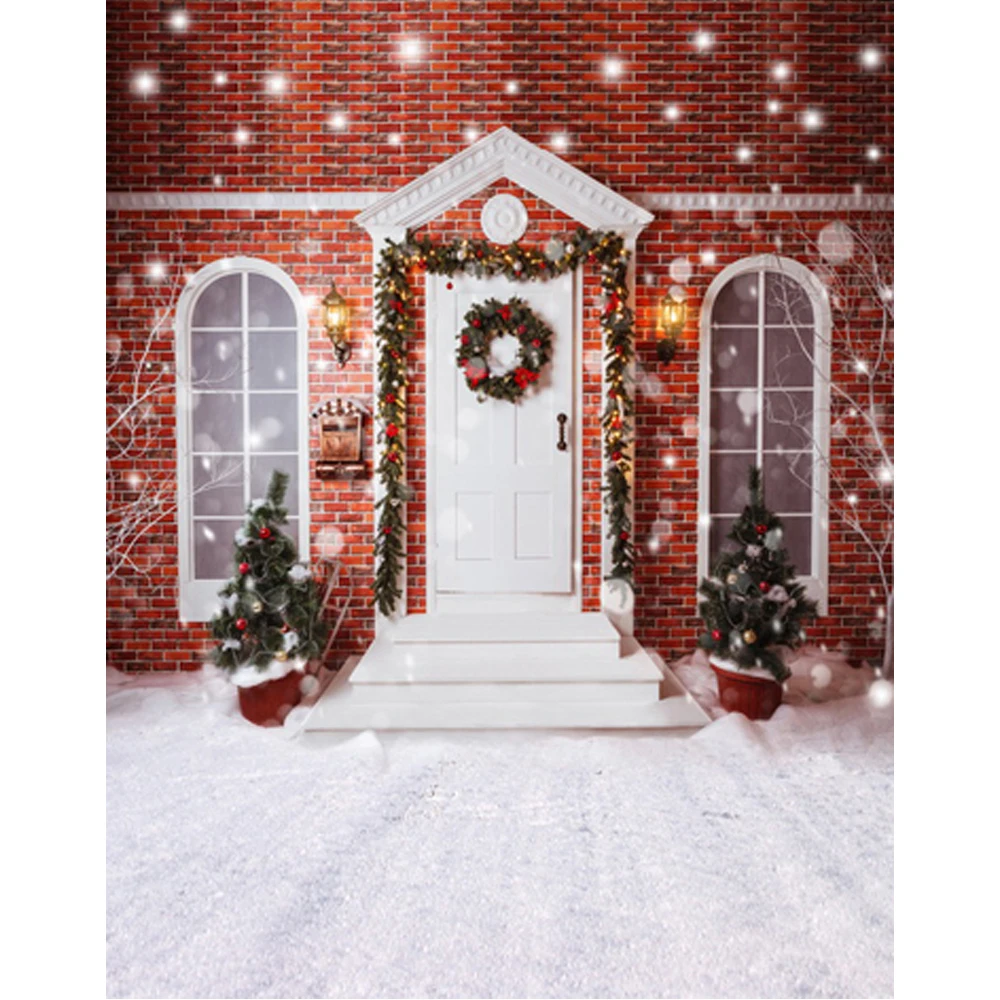 

Bokeh Snowflakes Winter Photography Background Snow Floor Brick Wall White Door Garland Christmas Tree Kids Photo Backdrop Vinyl