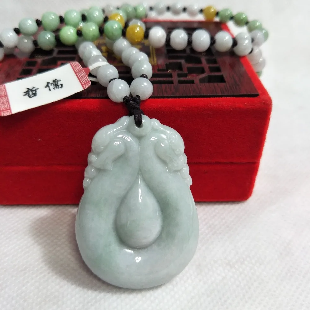 Zhe Ru Jewelry Pure Natural Jadeite Light Green Double Dragon Drop Shaped Pendant Tricolor Jade Bead Necklace A Class A Certific