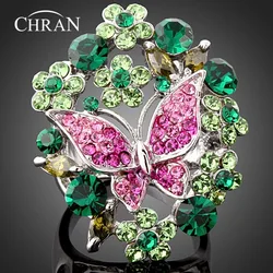 Chran Fashion Multicolor Enamel Flower Rings for Women Classic Animal Design Butterfly Crystal Party Rings Jewelry Gifts