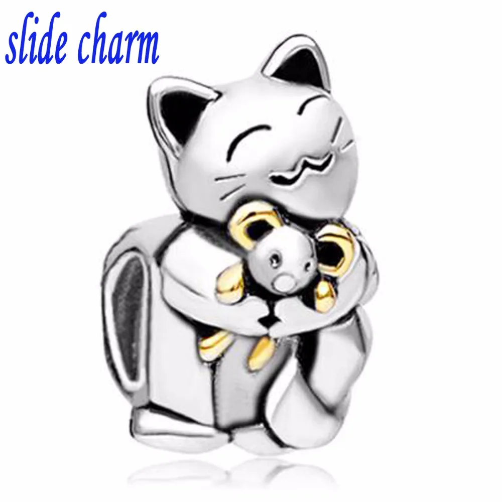 slide charm Free Shipping Excited Cat Catches Mice Animal Charm Beads Fit Pandora Bracelet