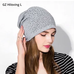 GZHilovingL 2017 Winter Women Ladies Beanie Hats Caps Diamonds Baggy Slouch Spring Autumn Thin Polyester Beanies Hats Girls