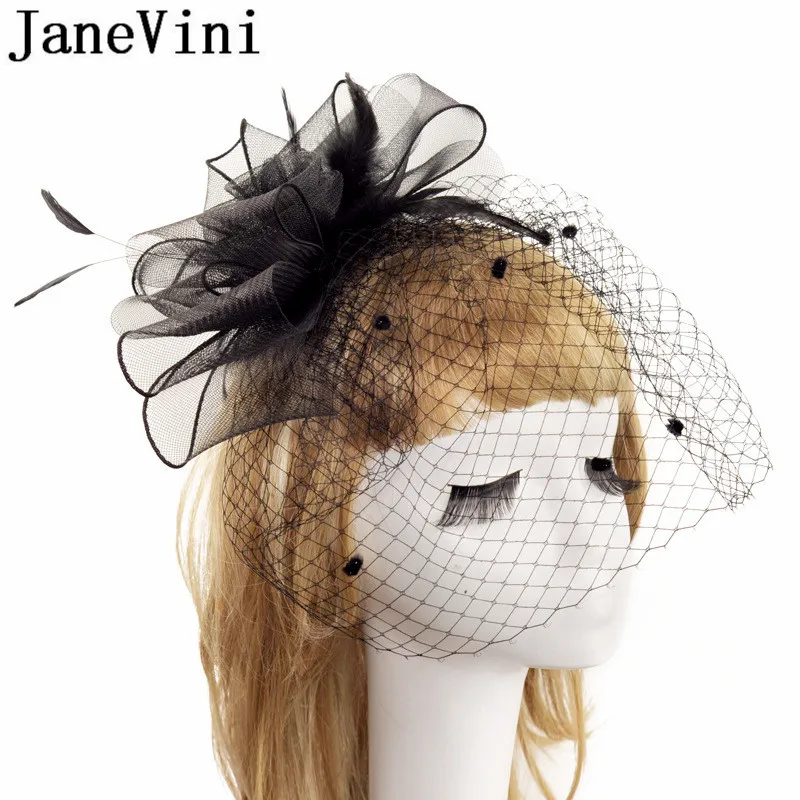 

JaneVini Black Bride Wedding Hats and Fascinators Feather Headdress Birdcage Net Veil Women Hat For Wedding Party Accessories