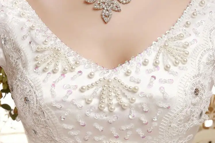 VENSANAC Perlas Cuello en V Vestido de fiesta con lentejuelas Vestidos de novia de encaje Vestidos de novia sin espalda de manga corta de cristal