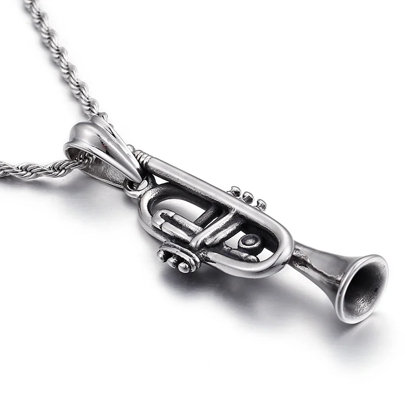 stainless steel titanium steel Trumpet instrument creative music pendant Men's Necklace rope chain 4mm 22''