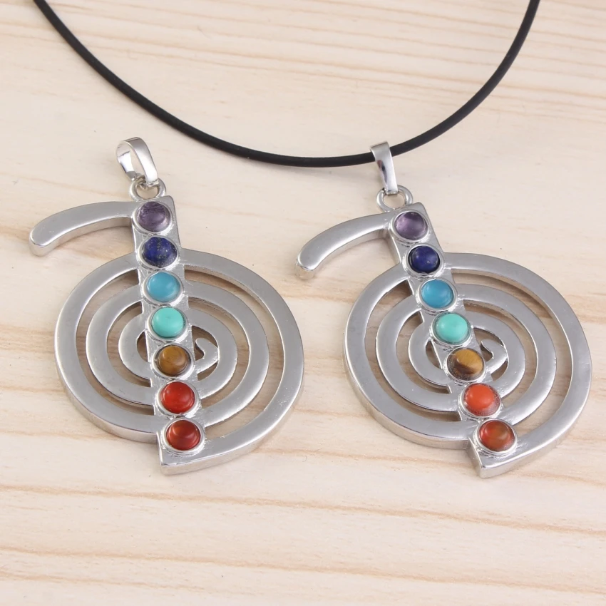 KFT Silver Plated Natural 7 Chakra ReiKi Stone Beads Energy Symbol Healing Crystal Balance Chakra Pendant Divination Jewelry