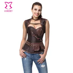 Vintage Sexy Brown Gothic Punk Leather Corset Jacket Outfits Espartilhos E Corpetes Steel Boned Waist Slim Bustier Plus Size 6XL