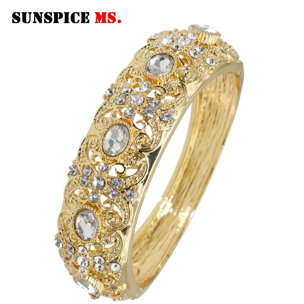 Gold Color Morocco Rhinestone Bangles For Women Arabic Ethnic Resin Open Cuff Bracelet Dubai Bridal Wedding Jewelry