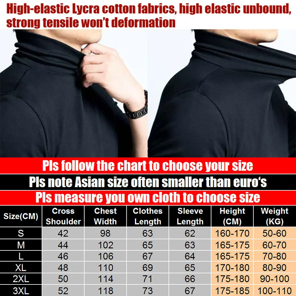 Autumn Winter Black White Men\'s Long-sleeve T-shirt Turtleneck High-elastic Lycra Cotton T shirt Solid Color S-XXXL st-803