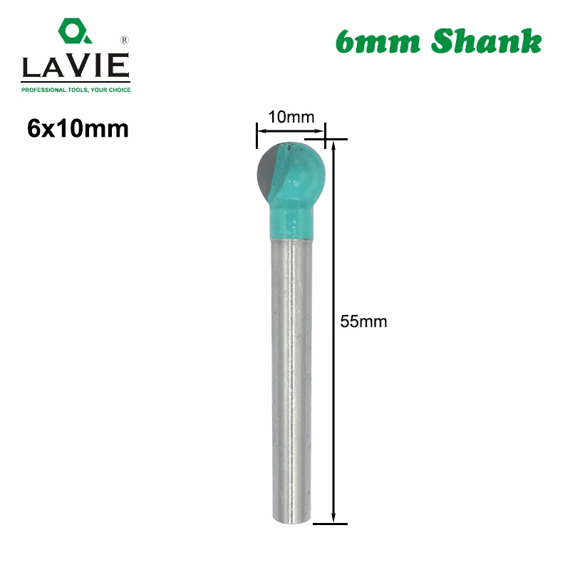 LAVIE-Carboneto de tungstênio Router Bit para madeira, haste redonda, nariz esférico, fresagem CNC, Raio Núcleo, 6mm Shank, MC06003, 1Pc