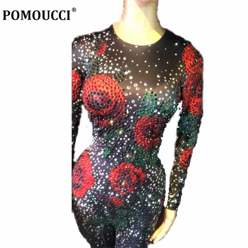 Women New Sexy Black Jumpsuit Full Of Colorful Sparkling Crystals Bodysuit 3D Printed Roses Nightclub Party Dancer Stage Wear