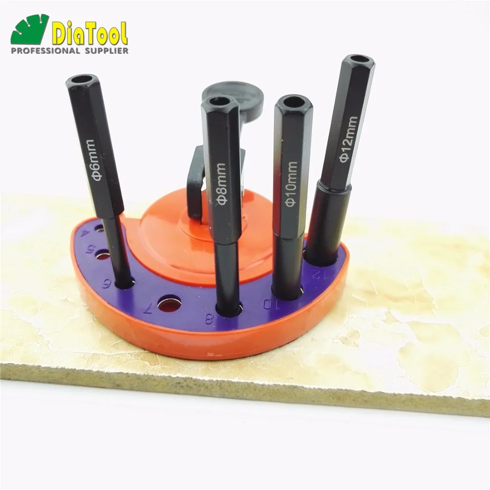 DIATOOL 4pcs Drill Bits Plus 1pc Positioner Sucker 6mm+8mm+10mm+12mm Hex Vacuum Brazed Diamond Drill Bit Wet Marble Tile Granite