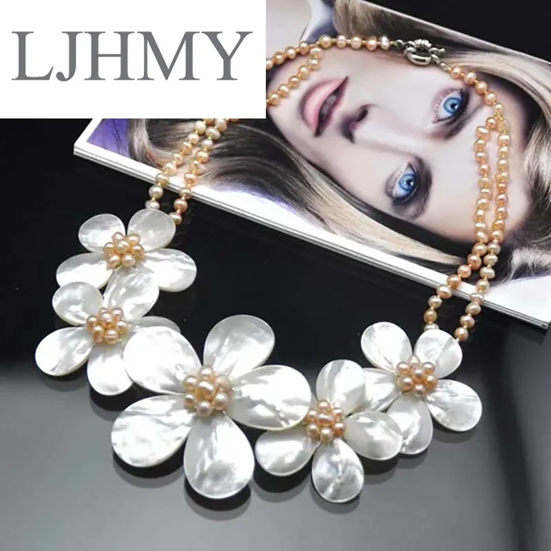 LJHMY Crystal Beads Freshwater Pearl White Sea Shell Flower Necklace for Women Statement Bib Wedding Party Choker Necklace