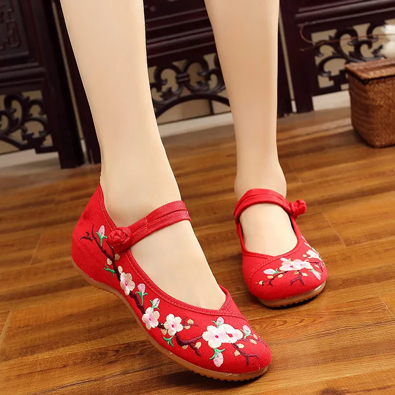 Veowalk Peach Flower Embroidered Women Canvas Ballet Flats Vintage Comfortable Chinese Style Ladies Casual Fabric Flat Shoes