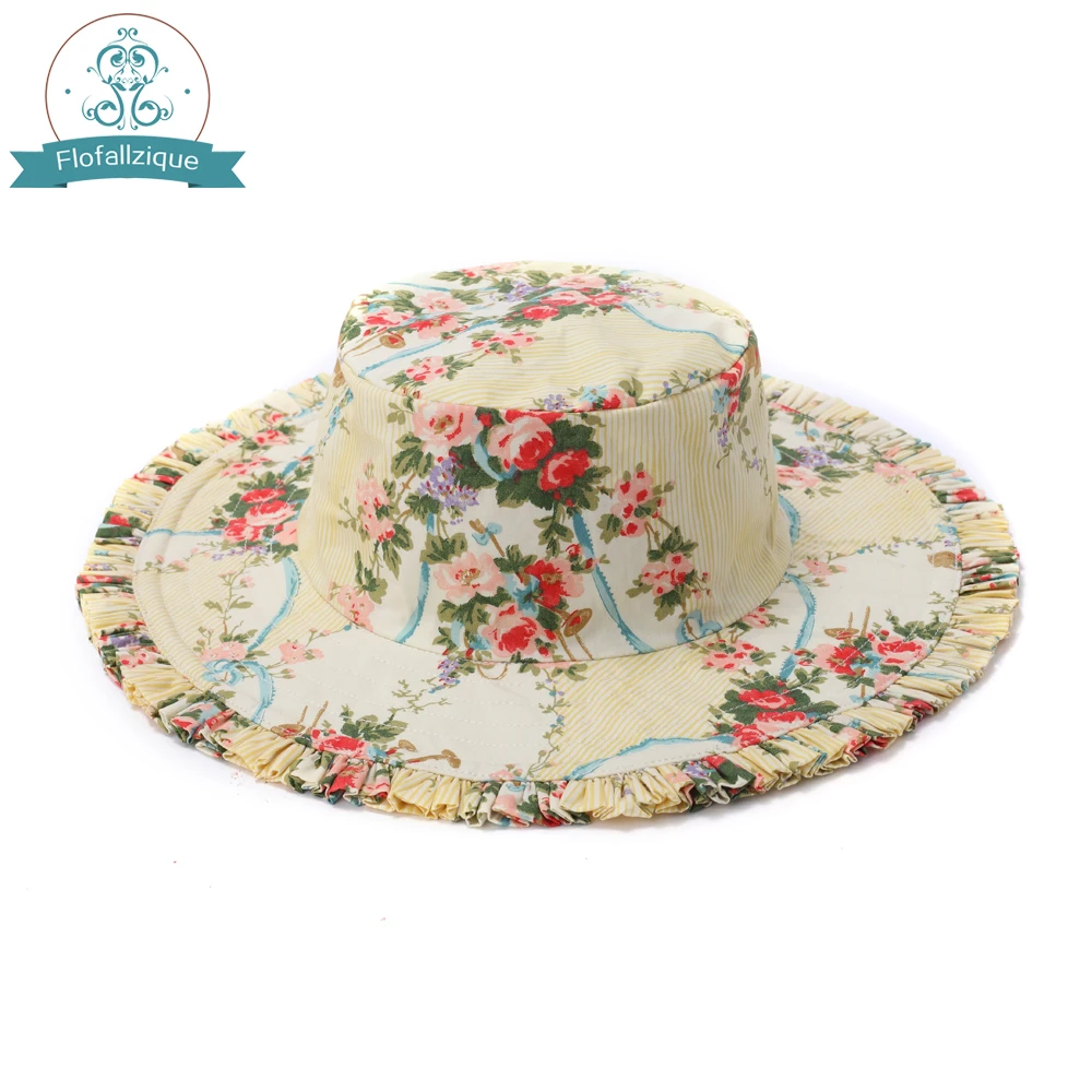 2020 Summer Girls Hats Children Beach Caps Kids Floral Print Cotton Baby Bucket Outdoor Sunhats